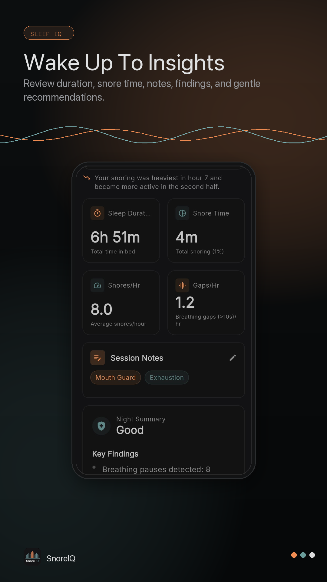 SnoreIQ night summary screen with sleep duration, snore time, notes, and findings.