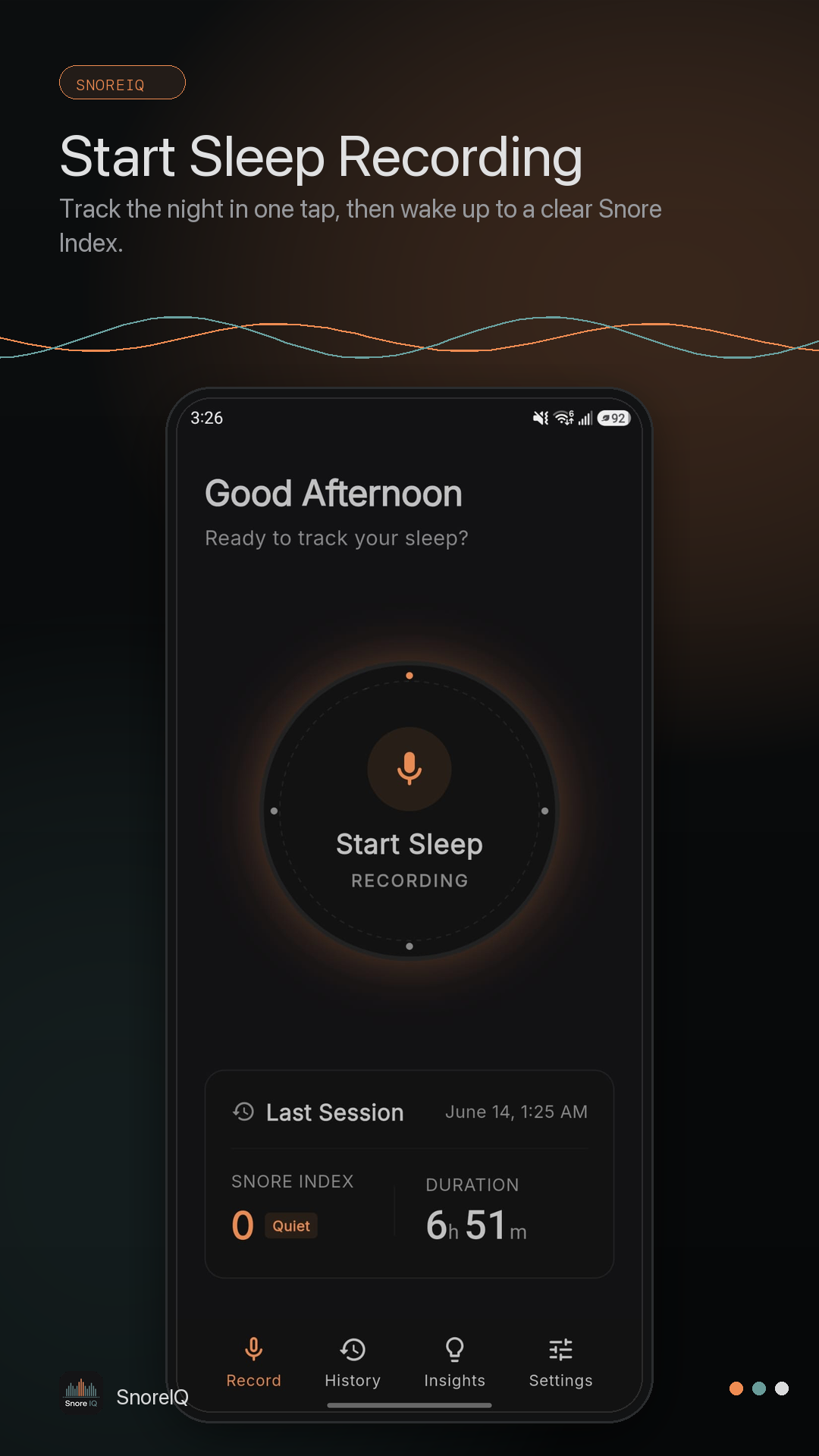 SnoreIQ recording screen with start sleep recording controls.