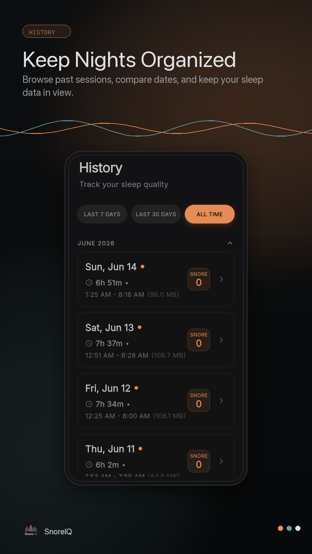 SnoreIQ sleep history screen showing previous sleep sessions by date.